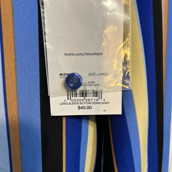 NWT Nine West Top Sz L Large Blue Striped Multicolor Button Front Long Sleeve - Picture 8 of 11